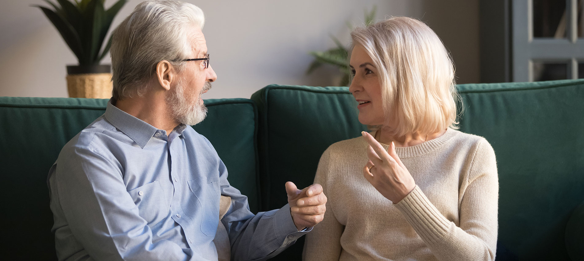 Happy Aged Family, Mature Wife And Husband Talking At Home