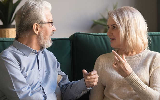 Happy Aged Family, Mature Wife And Husband Talking At Home