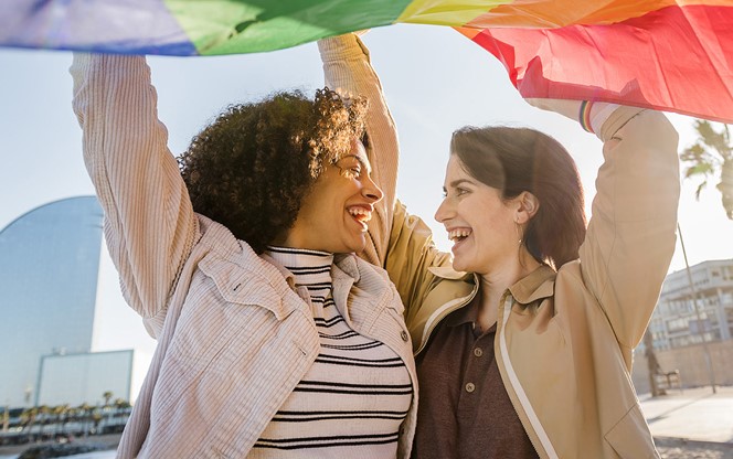 Two Gay Girls Laughing With Rainbow Flag