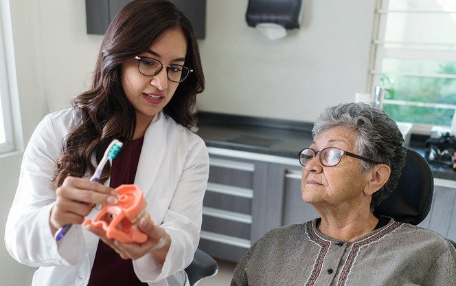 Female Dentist Holding Dental Model And Showing To Patient