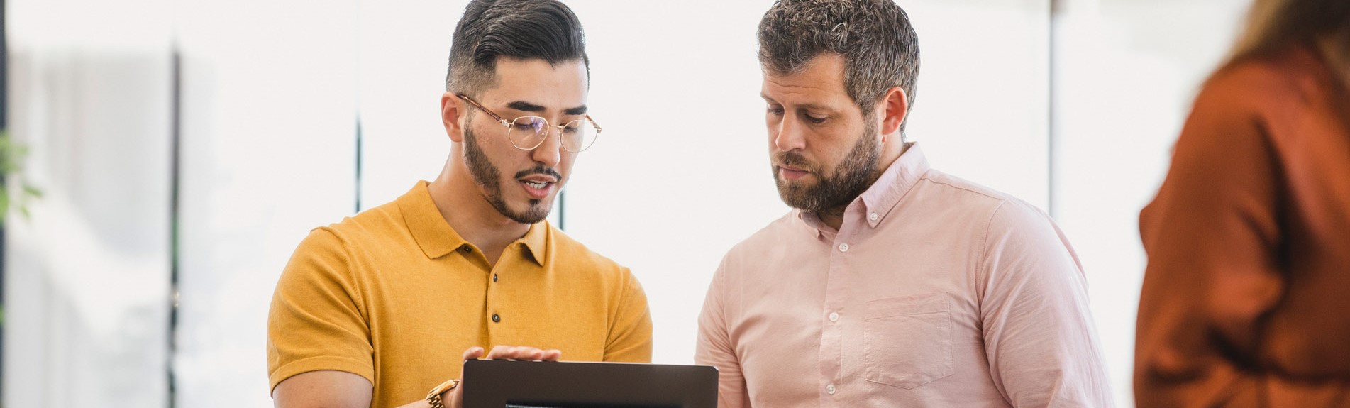Male Colleagues Using Laptop At Business Meeting With Colleague