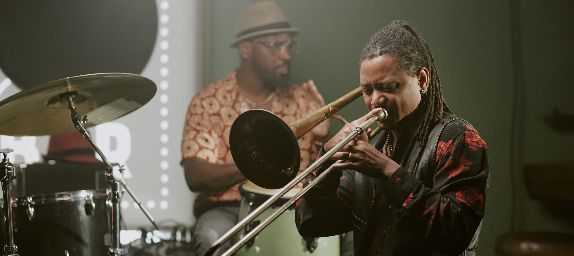African American Man Playing Trombone In Jazz Band