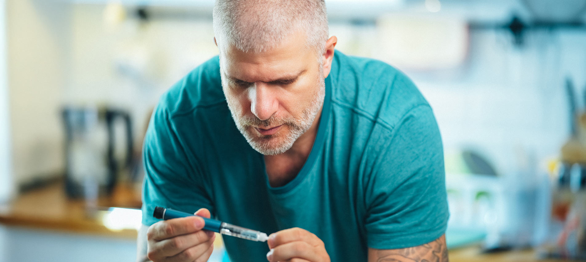 Man Self Injecting GLP 1 Weight Loss Medication Pen At Home